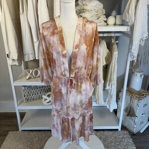 Maurices women's size small pink& tan watercolor kimono  soft girl #2658